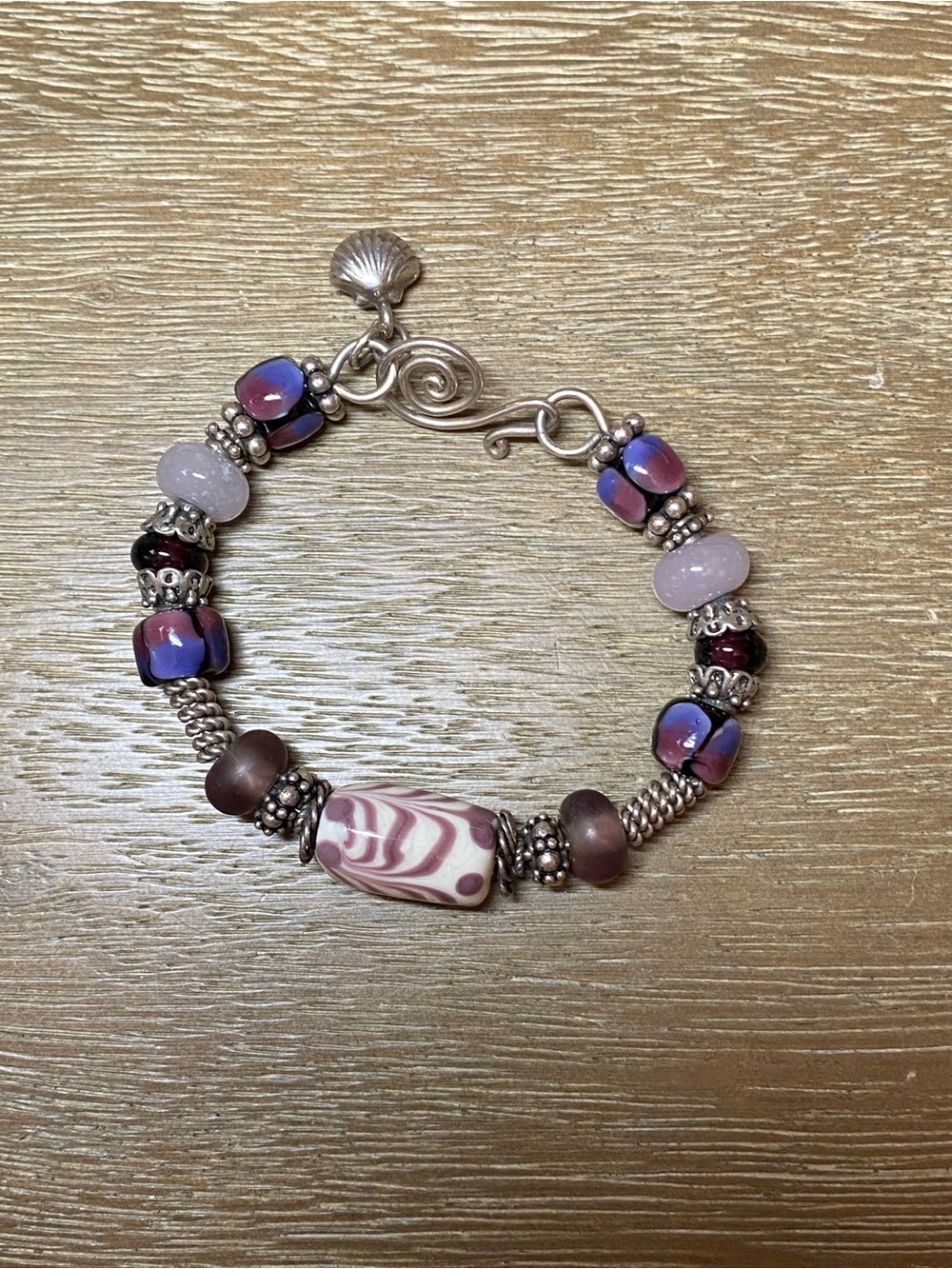 Artisan purple lamp work bead and rose quartz bracelet